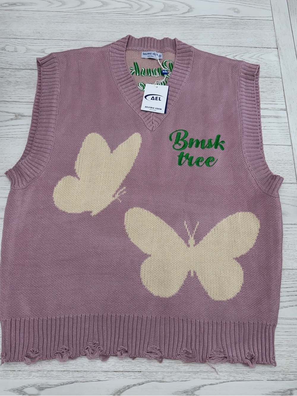 Aelfric Eden Mauve V-Neck Sweater Vest with Cream Butterfly Motifs